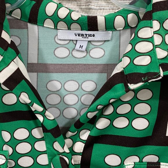 Vintage Vertigo Paris Green Geometric Polka Dot Shirt Dress W/ Pockets & 3/4 Sle - Picture 3 of 6